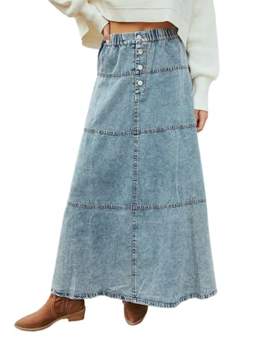 THLAI Womens Maxi A Line Bohemian Denim Skirt Daily Pleated Skirt