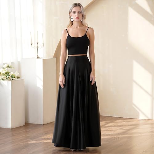 Women's Long Fashion High Waist A-Line Floor Length Satin Skirts with Pockets2