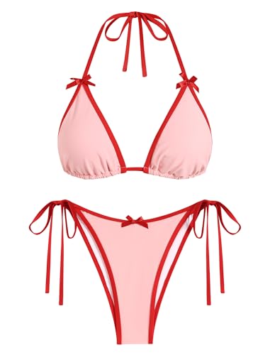 Image of ZAFUL Bikini Sets for Women Halter Bow Decor Tiny Floral Gingham Print Swimsuit Tie Side 2 Pieces Bathing Suit