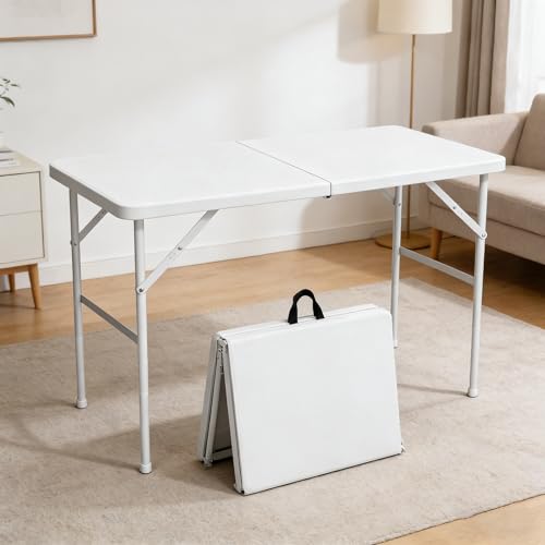 Mesa Plegable de Plástico XSMDAUTO de 4FT, Mesa Rectangular Portátil Blanca para Camping, Picnic y Fiesta