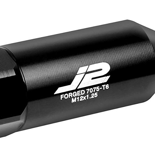Image of J2 Engineering LN-T7-017-125-BK Black 20Pcs M12 x 1.25 7075-T6 Aluminum 90mm Spiked End Lug Nut w /Socket Adapter