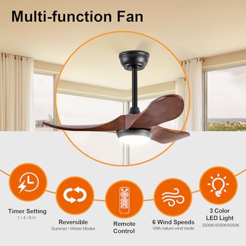 BOJUE Solid Wood Ceiling Fans With Lights, 36 Inch Modern Ceiling Fan With Light and Remote Control,Reversible DC Motor, 6 Speeds, Noiseless, Black Ceiling Fan for Indoor/Outdoor Bedroom Patio by BOJUE - Used condition - Image 2