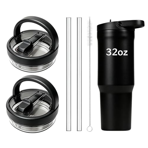 2Pack Lid Replacement Compatible with HydroJug Sport 32oz Tumbler, Leak Proof Top Cap Replacement for HydroJug Water Bottles with Straw Replacement and Cleaner Brush (Black, For Sport 32oz)