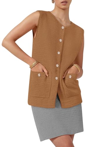 Image of Yousify Womens Sweater Vest Sleeveless Button Down Round Neck Knitted Tank Tops Casual Cardigan with Pockets