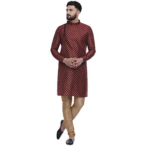 Image of Veera Paridhaan Men's Ethnic Maroon Jacquard Printed Long Staright Kurta(VP008082)