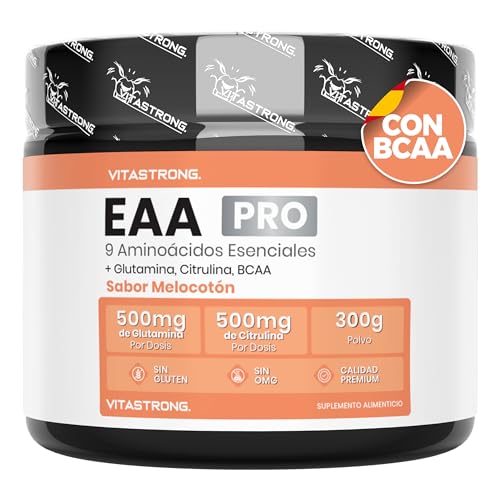 EAA PRO Aminoácidos Esenciales Vitastrong, 9 EAA Aminoácidos Esenciales Polvo 300g, BCAA Aminoacidos Ramificados, L Glutamina, L Triptofano, L Lisina, L Citrulina, L Tirosina, Leucina, Sabor Melocotón