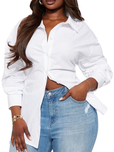 SUNNOW Women's Cinched Waist Shirt Statement Button Front Long Sleeve Blouse Elegant Office to Weekend Top White