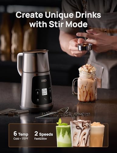 Dreo All-in-1 Milk Frother, Electric Foam Frother for Latte Art Microfoam and Coffee, 15oz/450ml Automatic Milk Warmer with 30 Drinks, Dishwasher Safe, Dairy/Plant-Based Milk