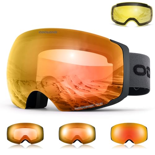 Odoland Photochromic Ski Goggles Magnetic Interchangeable with 2 Lens, Large Frameless Snow Snowboard Goggles for Men Women Potochromic Revo Red Lens