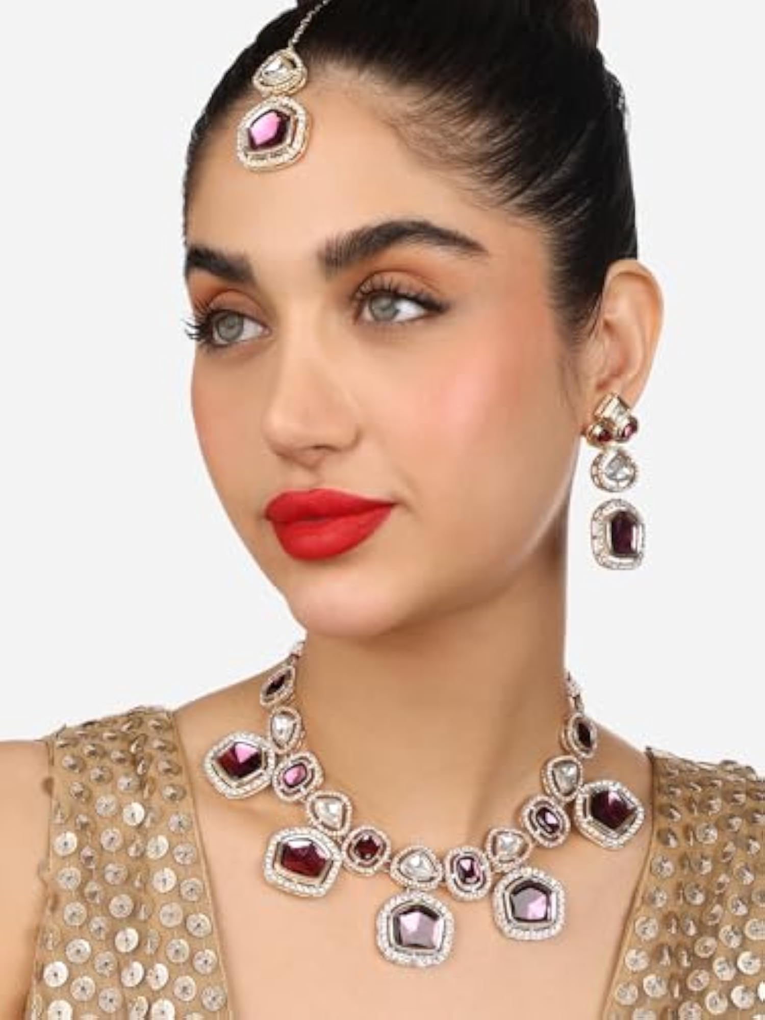 Women's Dazzling Austrian Diamonds Necklace Earring & Maangtikka Set