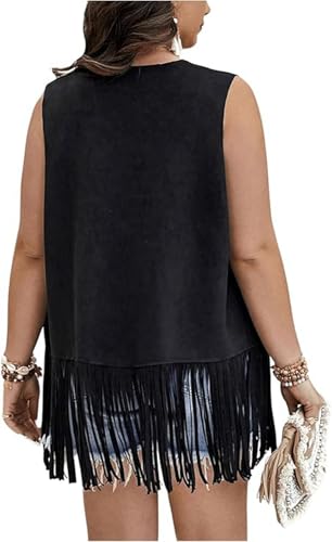 Womens Sleeveless Fringe Vest 70s Hippie Open Front Faux Suede Vest Tops Cowgirl Western Jacket Cardigan4