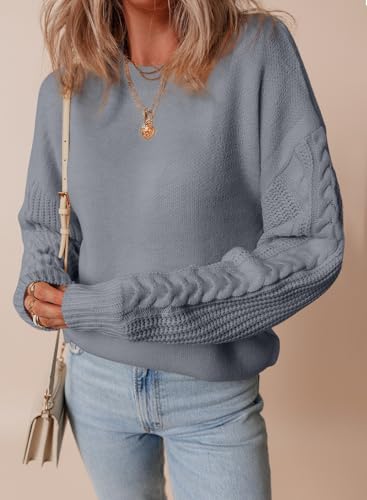 Dokotoo Womens Sweaters Casual Ribbed Crewneck Long Sleeve Solid Cable Knit Loose Fit Pullover Sweater Tops3