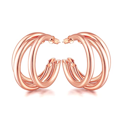 Easyso Gold Hoop Earrings For Women, Rose Gold Chunky Triple Hoops Lightweight Big Thick Three Open Hoop Hypoallergenic Fashion Trendy Split Multi Earring Jewelry Gift For Gilrs #TOP20