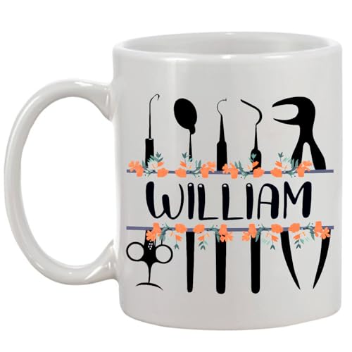 Custom Floral Dentist Mug with Name, Thank You Dentist Coffee Mug Gifts, Personalized Dentist Ceramic Cup, Dentist Mug Gifts for Dental Assistant, Floral Dentist Tea Cup, White Mug