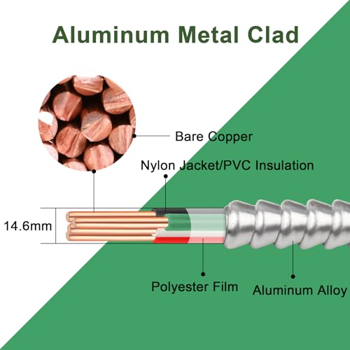 Image of 100ft 10 /3 Metal Clad (MC) Cable with Ground, 10 Gauge Electric Wire with Aluminum Armor, Solid Bare Copper Conductors for Indoor Outdoor Underground Embedded Installation (10 /3, 100 ft)