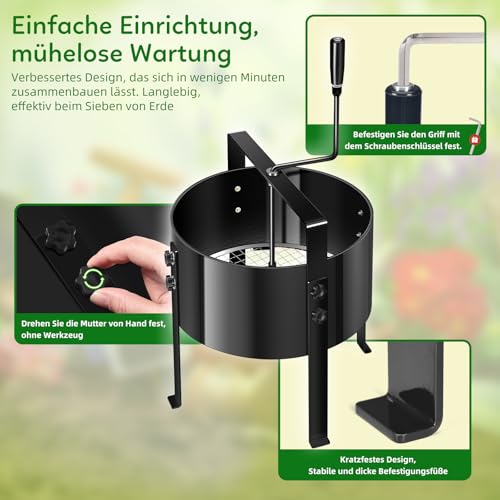 Gifeerory 5-in-1 Gartensieb Handkurbelsieb aus Metall Ø30cm mit 4 Sieben (3/6/9/12mm), Effizientes Sieb für Erde, Steine, Sand, Kompost, Unkraut – Austauschbare Siebe für Gartenarbeit