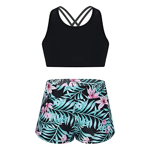 MSemis Kids Girls 2pcs Tankini Set Criss Cross Tank Top with Boyshorts Summer Beachwear Swimsuit Black&Green 13-14 Years Cover