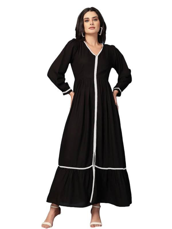 Deavish Women Rayon Solid Black Full Length Fit & Flared Western Maxi Dress | Fit & Flared Dress | Maxi Length Dress | Women Dress