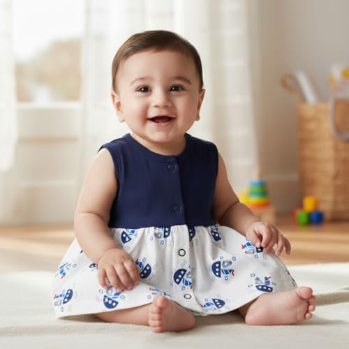 Image of VParents Knee-Length Sleeveless Cotton Frocks for Baby Girls, Round Neck A Line Mini Short Dress for Kids
