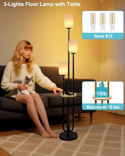 Image of Lightdot Black Dimmable Floor Lamp with Shelf Modern Floor Lamps with Oval Striped Lampshade & Bulb Included 3-Lights Tall Lamp with 5Lbs Heavy Base for Living Room /Bedroom /Sofa Beside /Corner Decor