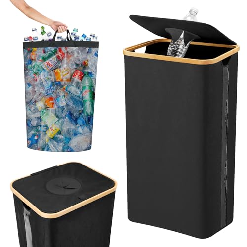 100L Recycling Bin for Kitchen, 26 Gallon Large Capacity with Removable Inner Net Bag, Foldable Recycling Bin with Lid for Bottles Cans Glass Plastic Cartons, Waterproof & Reusable, Black