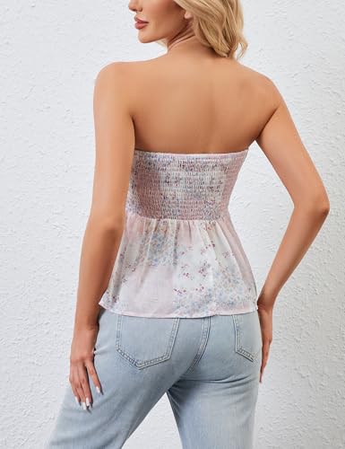 Summer Cute Floral Print Tube Tops for Women 2025 Trendy Flowy Bandeau Crochet Babydoll Top Y2k Going Out Peplum Tops4