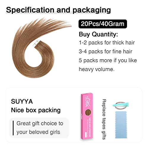 Image of SUYYA Tape In Hair Extensions Human Hair 16 Inch #8 Light Brown