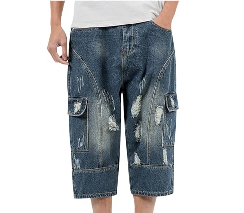 Men's Capri Denim Shorts Mens Ripped 3/4 Cropped Trousers Chino Short Jeans, Casual Workwear 3/4 Length Bottoms Cargo Three Quarter Sweatpants Summer Combat Activewear