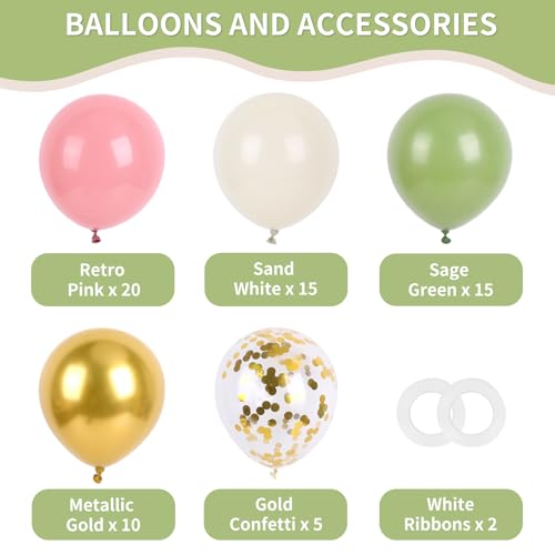 Image of RUBFAC Pink and Sage Green Balloons, Party Easter Balloons Metallic Gold Confetti Balloon for Fairy First Birthday Tea Party Decorations