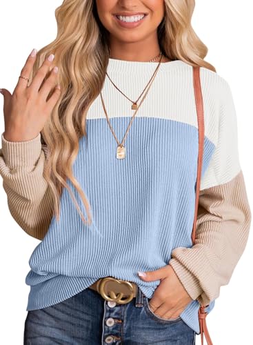 Image of Daspkuwy Womens Tops Casual Striped Crewneck Lightweight Winter Jumpers Women Ribbed Long Sleeve Color Block Ladies Jumpers Size 14-16 White Blue