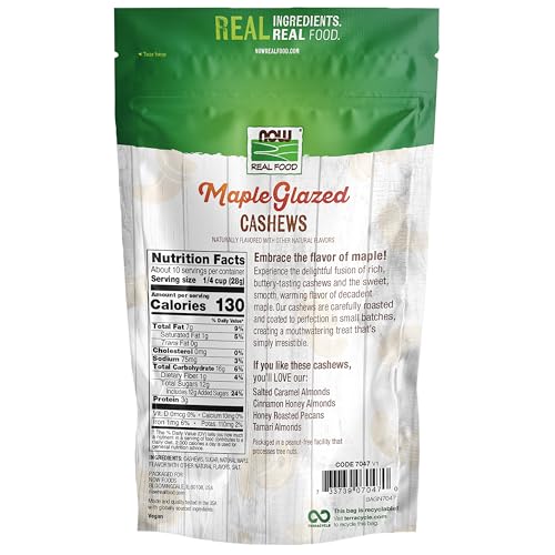 Image of NOW Real Food Maple Glazed Cashews, 10 oz. bag, Crafted in Small Batches, Non-GMO Verified (Pack of 12)