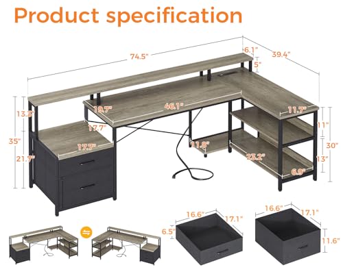 ODK 75" L Shaped Desk with File Drawers, Work from Home Office Desk with Power Outlet, Reversible Computer Desk with Storage Shelves, Gaming Desk with Monitor Shelf, Corner WFM Table, Grey Oak