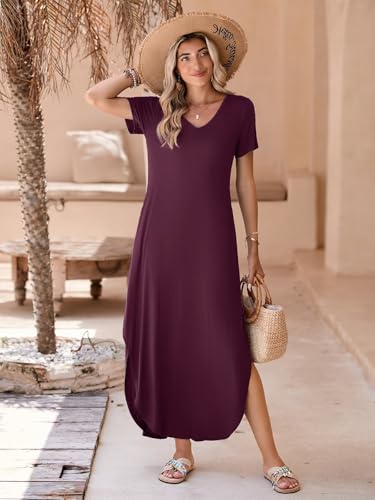 Image of BELAROI Plus Size Maxi Dress for Women Summer Casual V Neck Short Sleeve Long Dress with Pockets Beach Vacation Cover Up