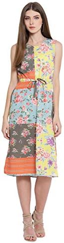 oxolloxo Women's Polyester Sleeveless Floral Print Knee Length Dress (Multicolor)