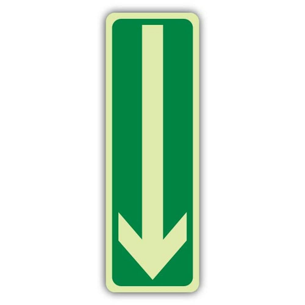 V Safety - Señal de flecha hacia abajo que brilla en la oscuridad, 200 x 600 mm, vinilo autoadhesivo de triple brillo, señalización de seguridad contra incendios, fabricado en Gran Bretaña