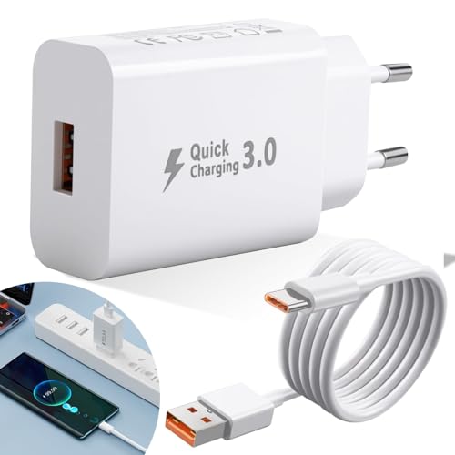 18W Caricatore Rapido per A14 A15 5G S10 S9 A32 A21S A53 S23 S22, QC3.0 Caricabatterie Presa AC con Cavo USB C 2m Compatibile con Type-C Smartphone