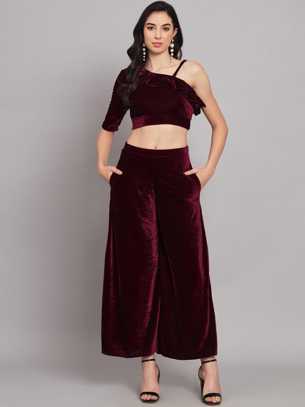 Image of Vaararo Velvet Co-Ords for Women | One Sleeve Crop Top with Palazzo Set Casual Party Dress