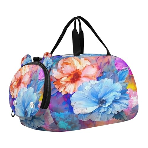 YETTASBIN Sport Travel Duffel Bag for Girls Boys, Watercolor Flower Large Waterproof Weekender Overnight Bag, Detachable Shoulder Strap Gym Bag with Shoe Compartment & Wet Pocket