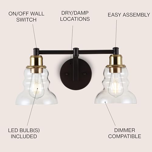 Image of JONATHAN Y 18.5 inch Brass Gold /Oil Rubbed Bronze Modern Industrial Rustic 2-Light LED Vanity Light with Clear Glass Shade, Vintage Wall Sconce for Bathroom Kitchen Hallway, LED Bulb Included (JYL3545A)