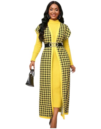 Elegant Long Cardigan Dress with Houndstooth Pattern, Yellow Knit Turtleneck, Belted Design, Fall/Winter Wear
