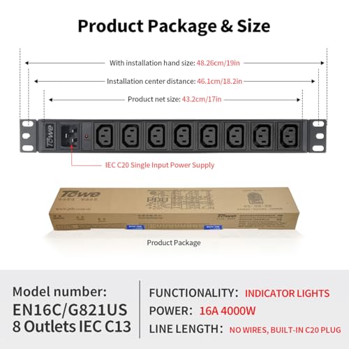 Towe Power Strip 8 tomas IEC C13 PDU metálica con tomacorriente incorporado C20, 16A 250V 4000W para rack de servidores y centros de datos miniatura 2