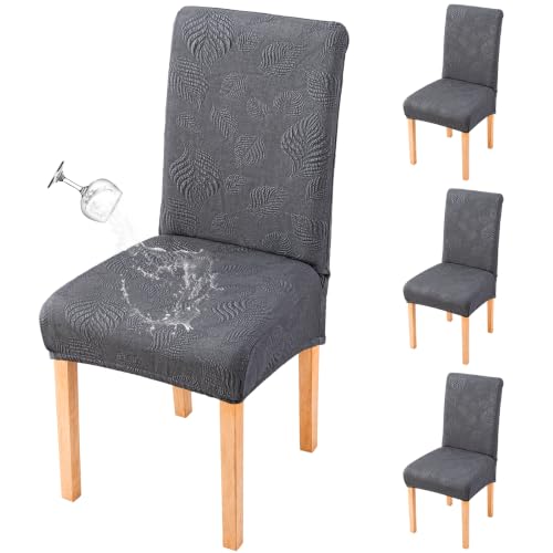 Image of Genina Waterproof Dining Chair Covers Set of 4,Stretch Kitchen Chair Cover | Dining Room Chair Slipcover with Leaf Jacquard,Removable Kitchen Chair Protector for Home,Restaurant,Banquet,Dark Grey