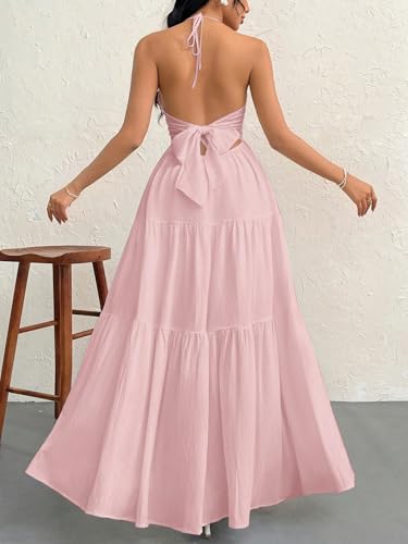 Image of Narecte Women's Maxi Summer Dresses Halter V Neck Beach Dresses for Women A-Line Casual Dress for Vacation