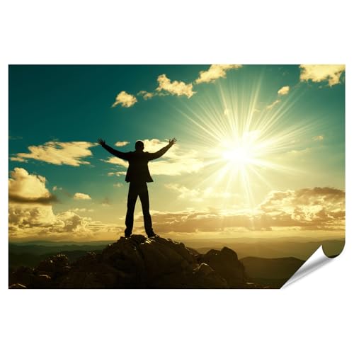 islandburner Póster XXL de hombre en la luz del sol en la cima de la montaña para salón, amantes de la naturaleza, tienda de cosméticos naturales, imágenes premium, impresión fotográfica