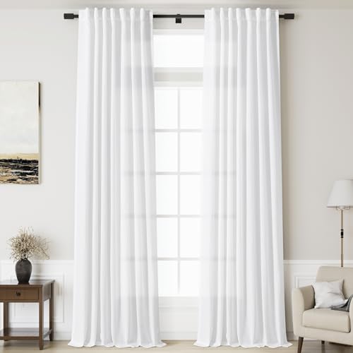 Image of Nanspring Extra Long Linen Curtains 136 Inches Long for Dinning Room 2 Panels Set White Back Tab Rod Pocket Light Filtering Semi Sheer Drapes Linen Textured Window Curtain for Bedroom 52x136