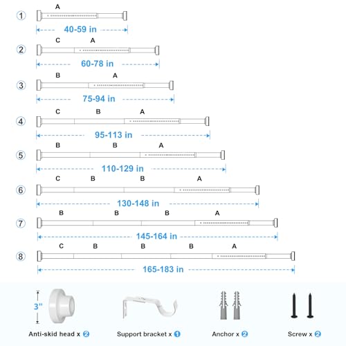 Image of Tension Curtain Rod White Tension Rod 40 to 183 Inch Spring Curtain Rods Non Slip Tension Rods 1pcs For Windows No Drilling Adjustable Tension Rods of Curtains Window Closet Kitchen Wardrobe