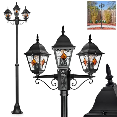 HOFSTEIN Kandelaber Naofe, Außenwegeleuchte aus Metall/Glas in Schwarz/Klar/Orange, Wegebeleuchtung 220 cm, 3 x E27, IP44, Wegeleuchte im...