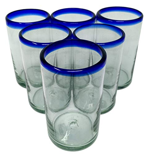 Mexican Hand Blown Glass Drinkware Set - Includes Pitcher (84oz) and 6 Blown Drinking Glasses (14oz) – Cobalt Blue Rim