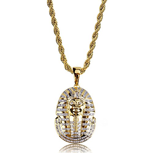 Moca Jewelry Iced Out - Collar con colgante de cabeza de faraón egipcio chapado en oro de 18 quilates con circonita cúbica de imitación de diamante Hip Hop rapero collar para hombres y mujeres Cover