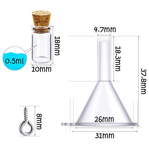Yungyan 50 Pieces Small Mini Glass Bottles Jars with Cork Stoppers Set, Tiny Cork Glass Bottles with Eye Screws and Small Funnel for Decoration, Art Crafts, DIY Projects, Party Favors (0.5ml)